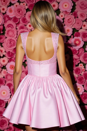 Sparkly A Line Pink Beaded Homecoming Dress With Bow